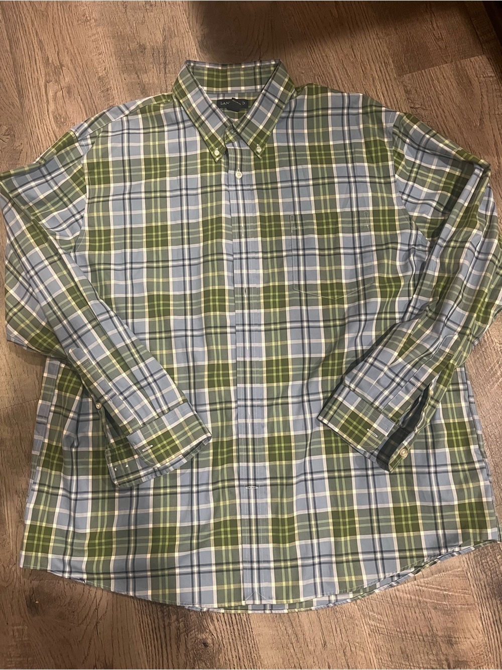 XXL Lands End Classic Button-Down Plaid Shirt - Green & Light Blue